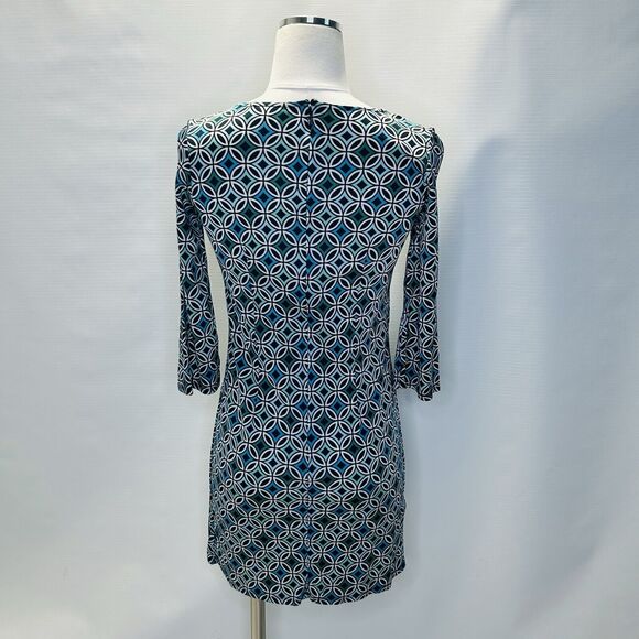 LOFT Blue Geometric Sheath Dress Womens Size 2 Bugle Bead Neckline - Picture 3 of 12